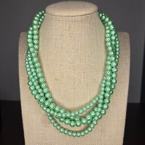 Vintage Triple Strand Green Faux Pearl Statement Necklace - 17" Layered Choker